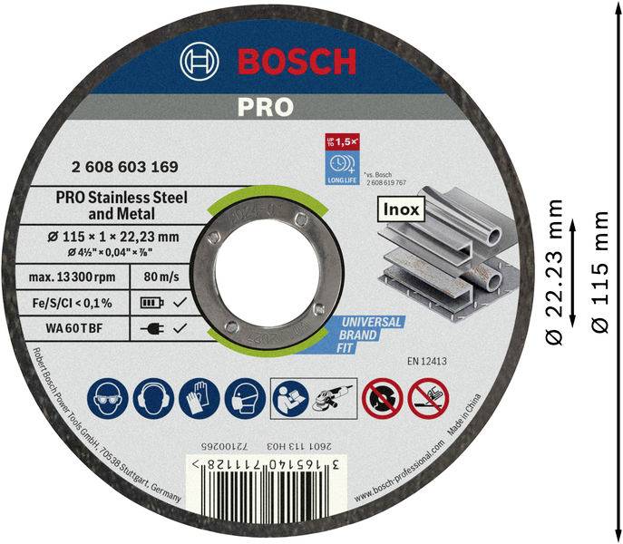 'Bosch PRO' rozsdamentes acél vágókorong, 115 mm átmérő, 1 mm vastagság. Alkalmas akár 13.300 ford./perc fordulatszámig.