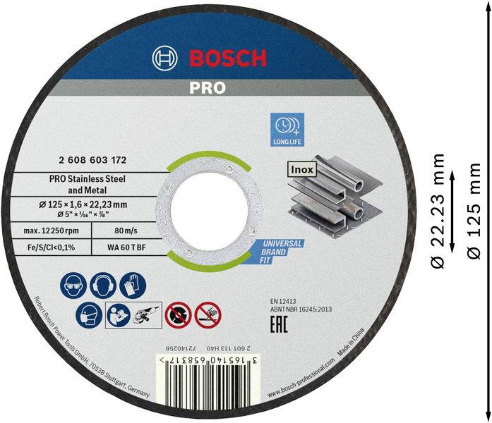 Bosch Pro csiszolótárcsa rozsdamentes acélhoz és fémekhez, 125 mm átmérő, 1,6 mm vágásszélesség, max. 12.250 ford/perc, rozsdamentes acélhoz alkalmas.