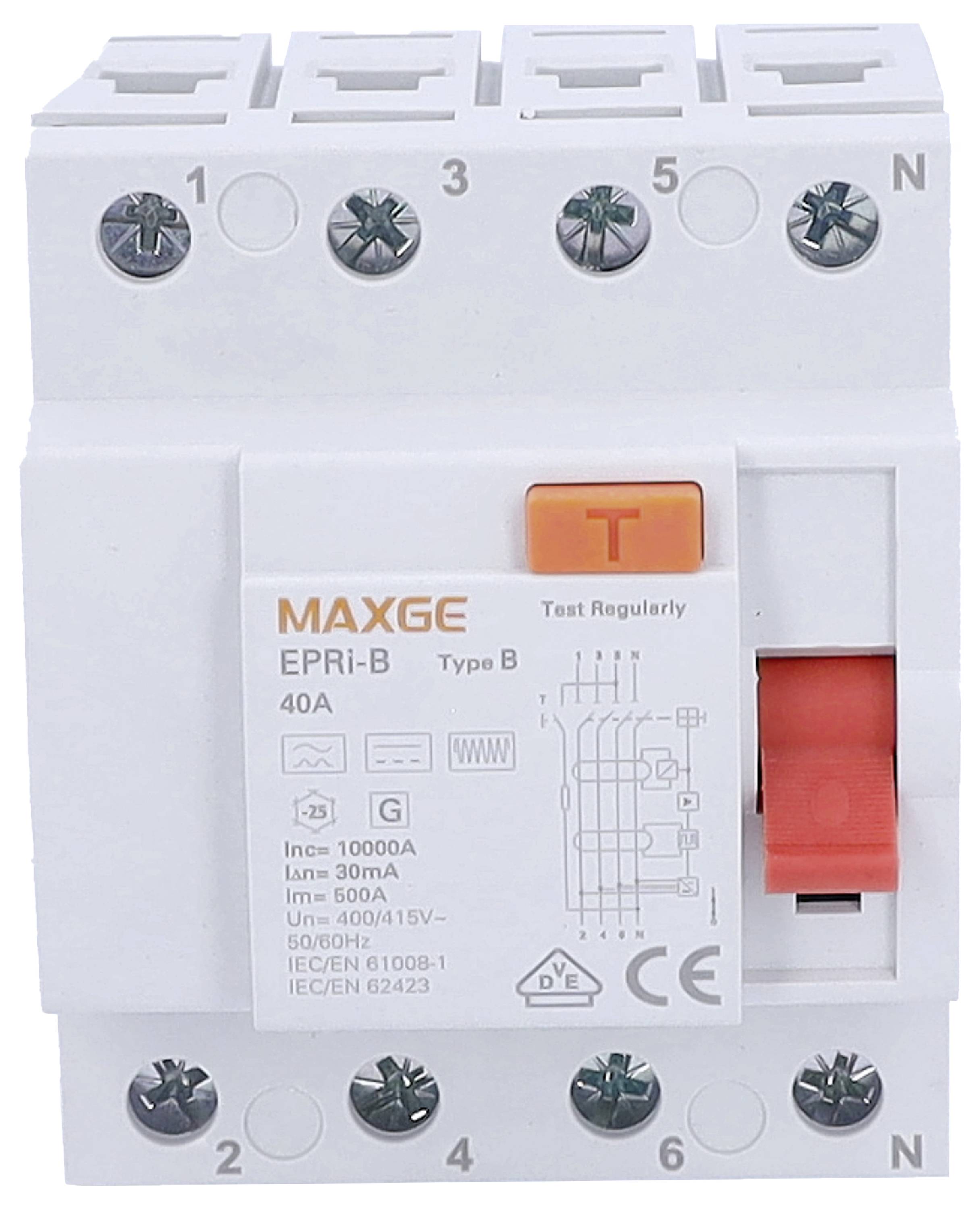 Teljesítménymegszakító narancssárga karral, 'MAXGE EPRi-B' felirattal és diagrammal. Műszaki adatok: 40A, 400/415V, 50/60Hz.