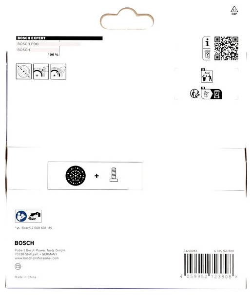 Bosch tartozék csomag előlapja. Termékképeket és QR-kódot mutat. A szöveg tartalmazza a termék adatait és használati útmutatóját.