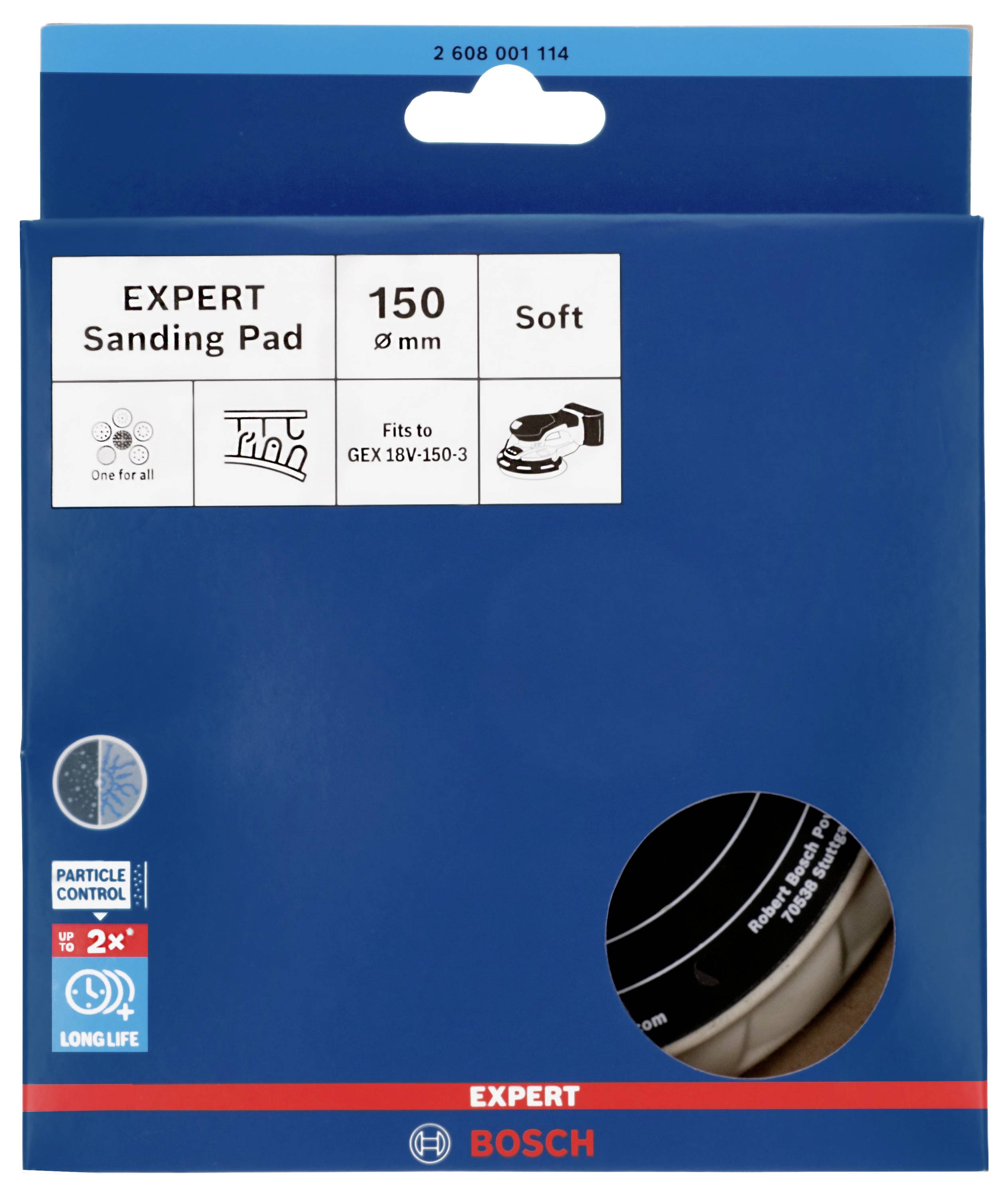 'EXPERT Csiszolópárna' csomag, amely a részecskevédelemre és tartósságra helyezi a hangsúlyt. Átmérő 150 mm, kompatibilis a GEX 18V-150-3 modellel.