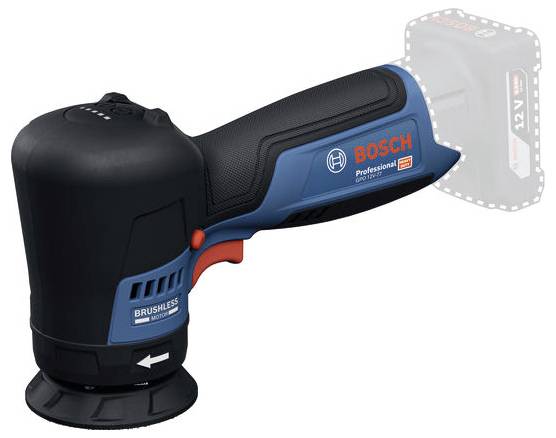 Akkumulátoros csiszoló ergonomikus fogantyúval és Bosch-logóval, barkácsmunkákhoz alkalmas. Akkumulátor nélkül ábrázolva.