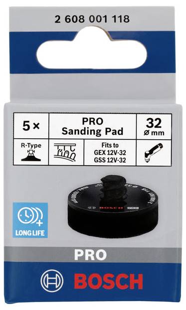 A Bosch 'PRO' csiszolótányér csomagolása, alkalmas a GEX 12V-32 és GSS 12V-32 típusokhoz, 32 mm átmérőjű, 5 darabos, tartós kivitel.