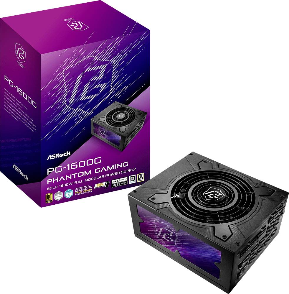 Tápegység ventilátorral. A csomag egy 'ASRock PG-1600G Phantom Gaming' típusú, PC-hez való, teljesen moduláris, 1600 wattos, arany hatásfokú tápegységet mutat.