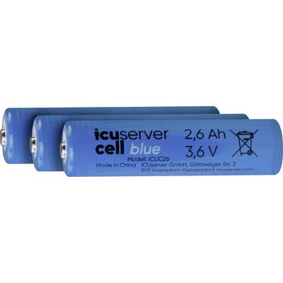 Három kék színűre festett akkumulátor, amelyeken az 'icuserver cell blue' felirat szerepel, egyenként 2,6 Ah kapacitással és 3,6 V feszültséggel, egymás mellett elhelyezve.