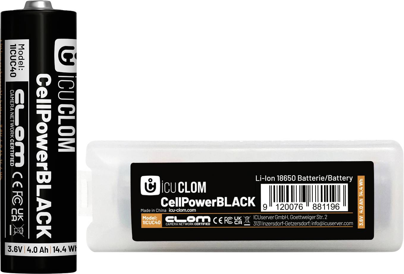 Li-Ion 18650 akkumulátor a CellPowerBLACK-tól, 3,6V/4,0Ah, fehér műanyag csomagolással együtt ábrázolva.