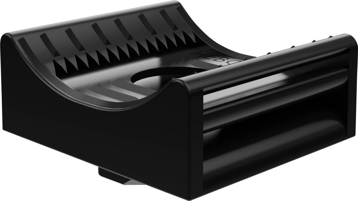 Fekete, fényes tartó bordázott szélekkel és lekerekített élekkel, alkalmas egy kerek tárgy biztos rögzítéséhez.