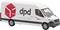 Egy DPD-logóval és a 'Your delivery experts' szlogennel oldalán haladó áruszállító jármű.
