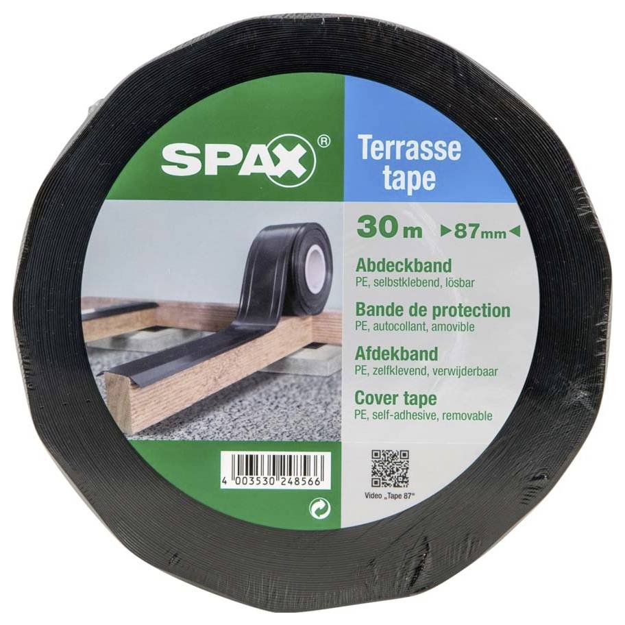 'SPAX Terasz szalag' Tekercs, 30m x 87mm. Szöveg: Takarószalag, öntapadó, PE, eltávolítható. A kép egy tekercset mutat fa szerkezeten.