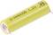 Egy sárga hengeres elem, amelyen 'D-AA800B 1.2V' felirat és fémcsatlakozók vannak mindkét végén; egy áthúzott kukajel látható rajta.