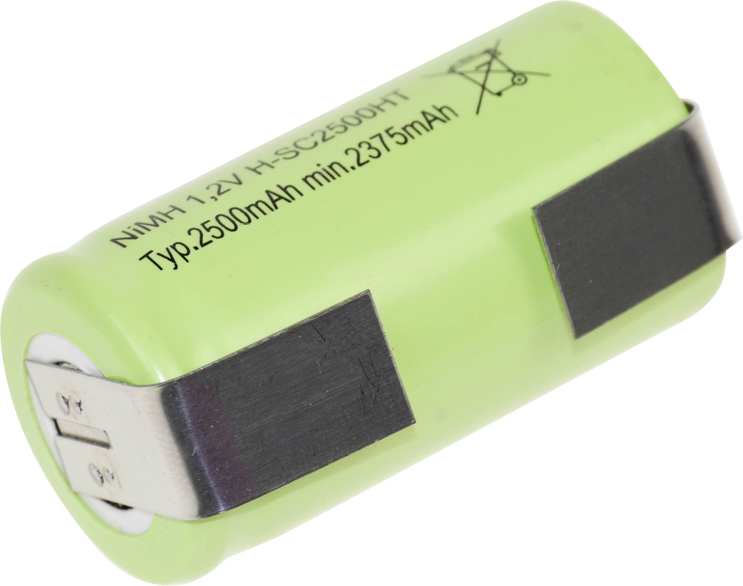 Egy zöld NiMH 1,2V-os akkumulátor, amelynek kapacitása minimum 2500mAh, ténylegesen legalább 2375mAh, fémcsatlakozókkal és újrahasznosítási szimbólumokkal ellátva.