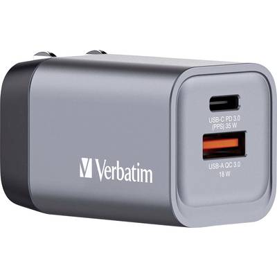 Verbatim töltő két csatlakozóval: USB-C PD 3.0 (PPS) 35 W-tal és USB-A QC 3.0 18 W-tal. Szürke házban.