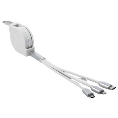 Egy behúzható kábel USB-C, micro-USB és Lightning csatlakozókkal eszközök töltéséhez. A kábel egy fehér tekercsről húzható ki.