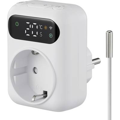 Egy intelligens konnektor digitális kijelzővel, amely '20°C'-ot és hőmérséklet-, valamint wifi-kapcsolat ikonokat mutat. Egy szonda csatlakozik hozzá.