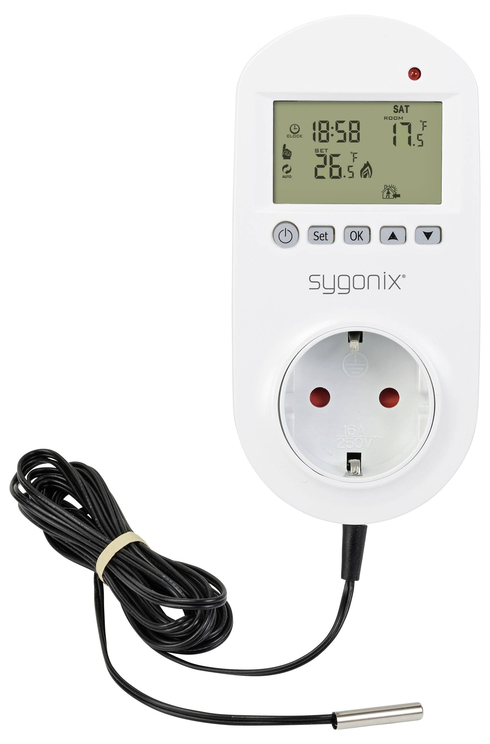 Elektronikus termosztát aljzattal és kábeles érzékelővel, a kijelző mutatja a hőmérsékletet és a beállításokat. 'sygonix' márka.