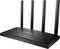 Négy antennás WLAN-router, fekete házban, az elülső oldalán világító jelzőfények, gyors internetkapcsolatra alkalmas.