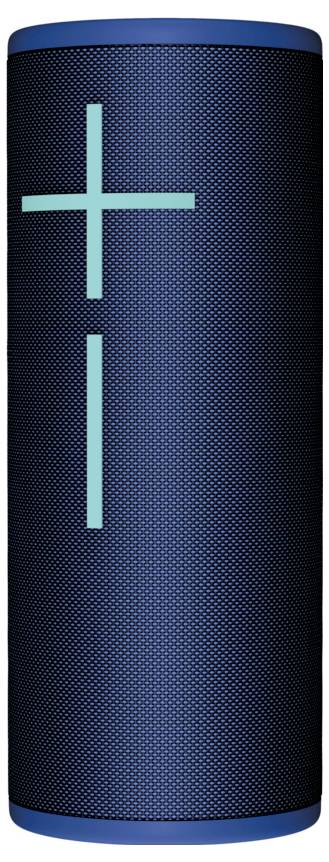 Kék hengeres Bluetooth-hangszóró nagy plusz és mínusz szimbólumokkal a hangerő szabályozásához az elülső oldalán.