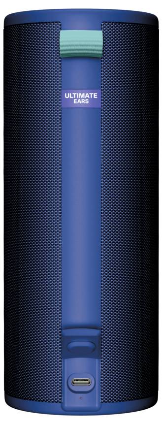 Kék, henger alakú, hordozható hangszóró USB-C-csatlakozóval az alján és az 'Ultimate Ears' márkanévvel az elején.
