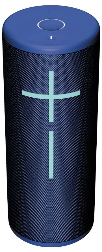 Hordozható, henger alakú Bluetooth-hangszóró kék burkolattal és az előlapján világító plusz jellel a hangerőszabályzáshoz.