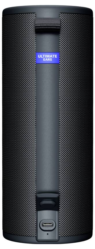 Egy hordozható, fekete Bluetooth-hangszóró markáns kék 'Ultimate Ears' logóval és USB-C csatlakozóval alul.