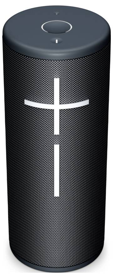 Fekete, hengeres Bluetooth-hangszóró a homlokfelületén hangerő-gombokból álló kereszttel.