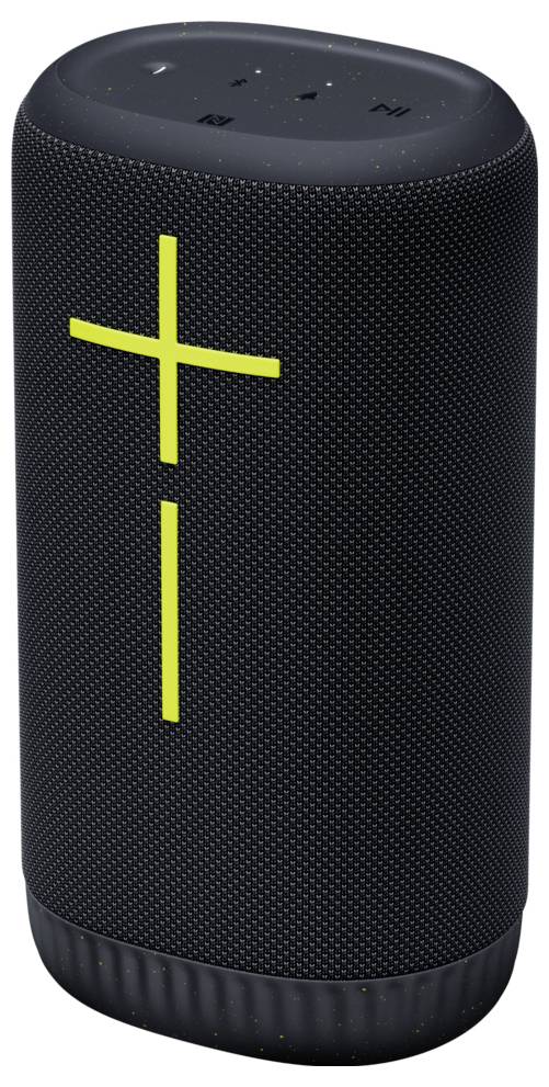 Fekete Bluetooth-hangszóró sárga plusz jellel az elején. A vezérlőgombok a tetején találhatók.