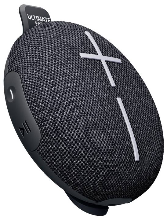 Egy hordozható, ovális hangszóró fekete szövetkabáttal és fehér hangerőszabályzókkal. Gyártói megnevezés: 'Ultimate Ears'.