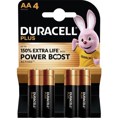 Négy darab Duracell AA elemtípus eredeti csomagolásban, a Duracell nyuszival a dobozán. Reklámszöveg: "akár 150%-kal hosszabb élettartam".