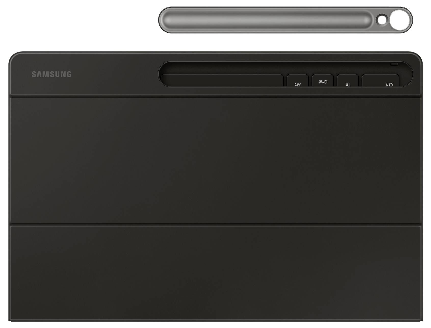 Egy fekete Samsung táblagép tok karcsú dizájnnal, amely helyet biztosít a stylus tárolásához és további gombvezérlésekhez.