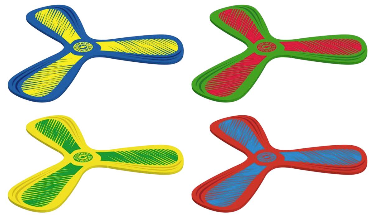 Négy színes frizbi kék-sárga, piros-zöld, sárga-zöld és piros-sárga színösszeállításban. Mindegyiknek három szárnya van, és egymásra helyezve láthatók.