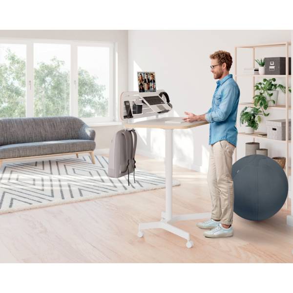 Egy férfi áll egy magasságállítható íróasztalnál, miközben egy laptoppal dolgozik. A helyiségben egy kanapé, egy fitnesz labda és növények láthatók.