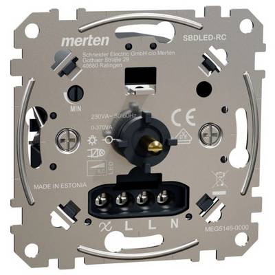 Elektromos dimmer modul sorozatszámmal és csatlakozókkal. LED-kompatibilitási szimbólumokat tartalmaz. Észtországban gyártva.