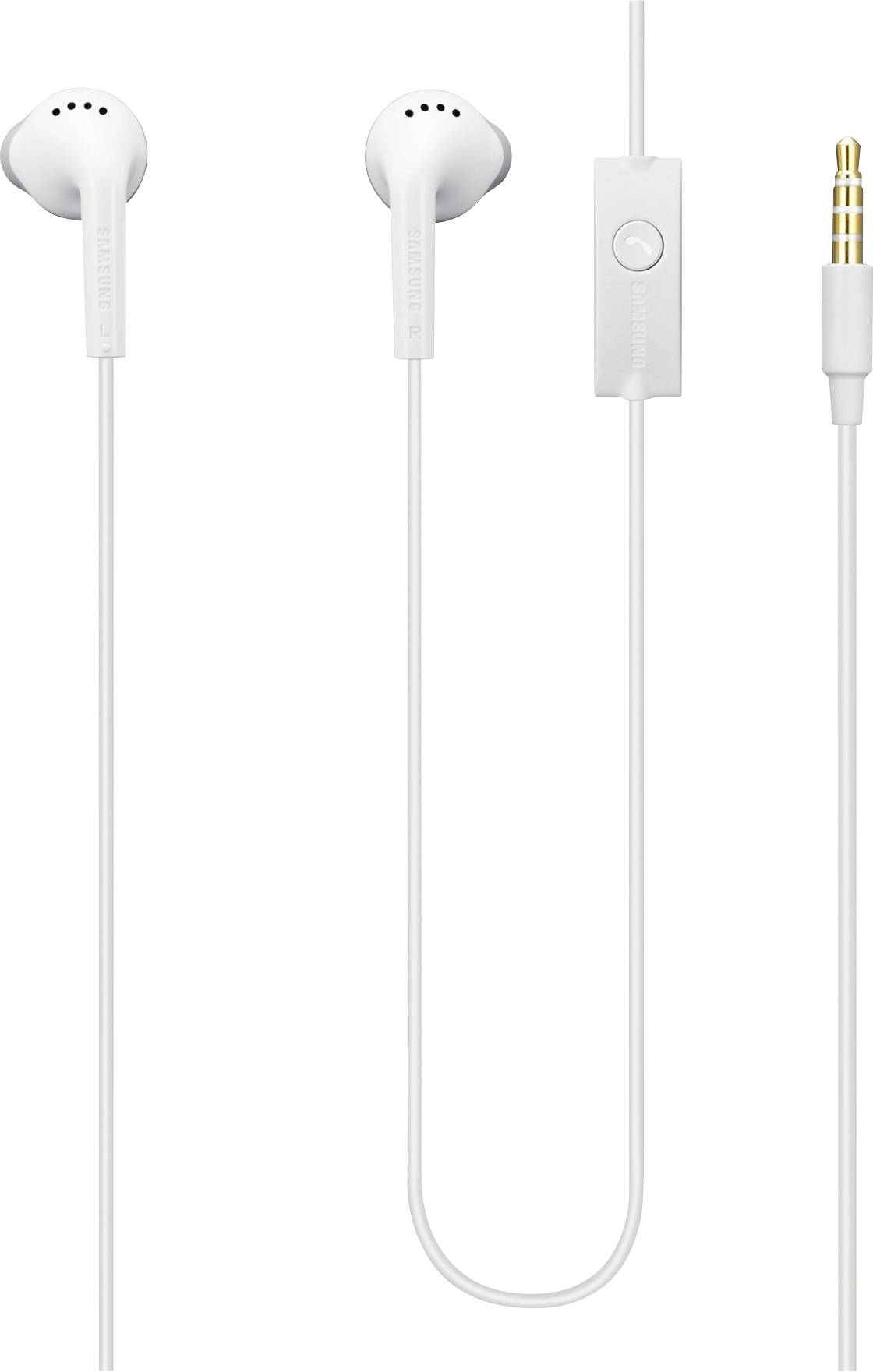 Fehér, fülbe illeszkedő, vékony vezetékkel összekötött fülhallgató, beépített mikrofonnal és vezérlőgombbal, 3,5 mm-es audio csatlakozóval.