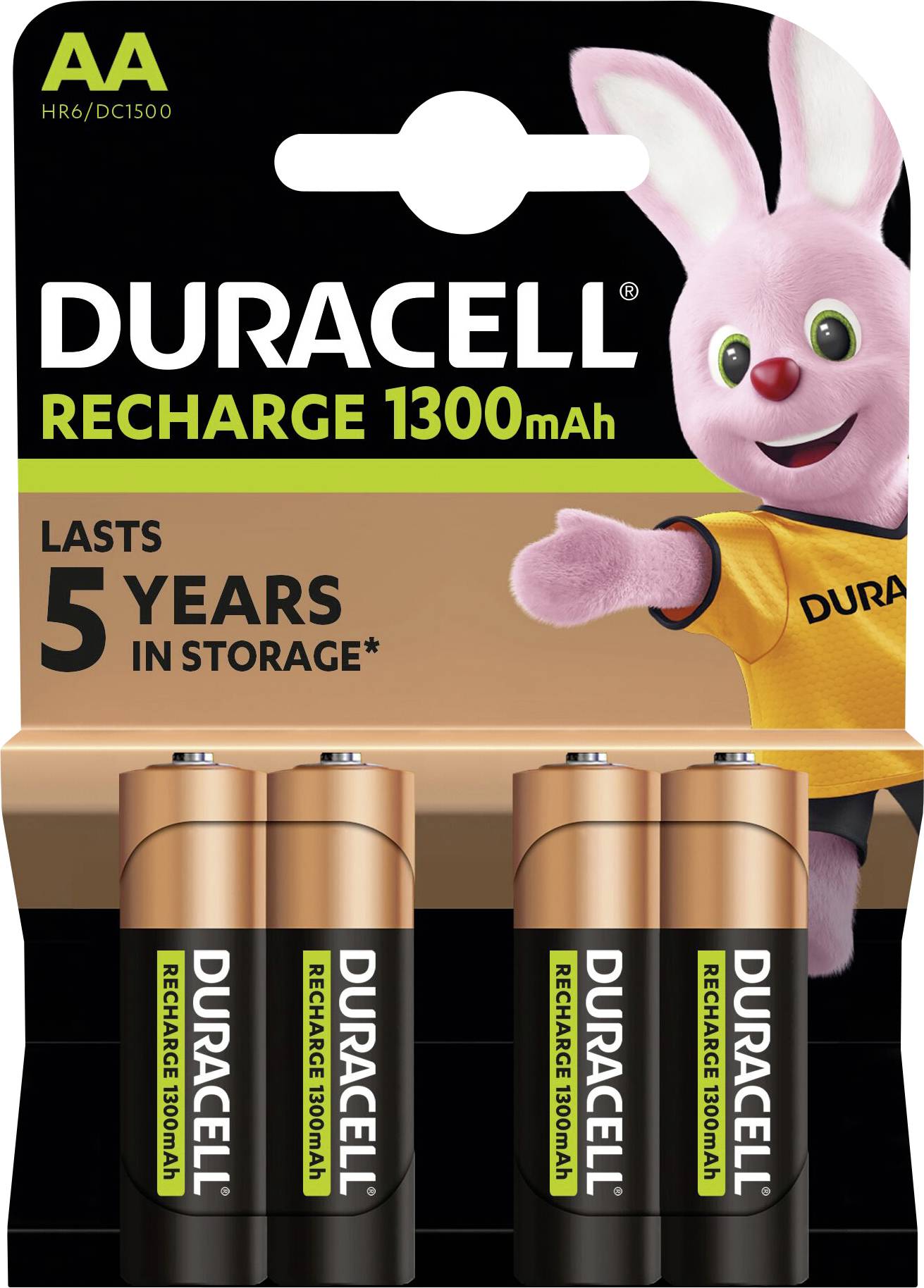 Négy újratölthető Duracell AA akkumulátor, 1300mAh. A csomagon a Duracell nyúl maskot és egy felirat látható az 5 éves tárolhatóságról.