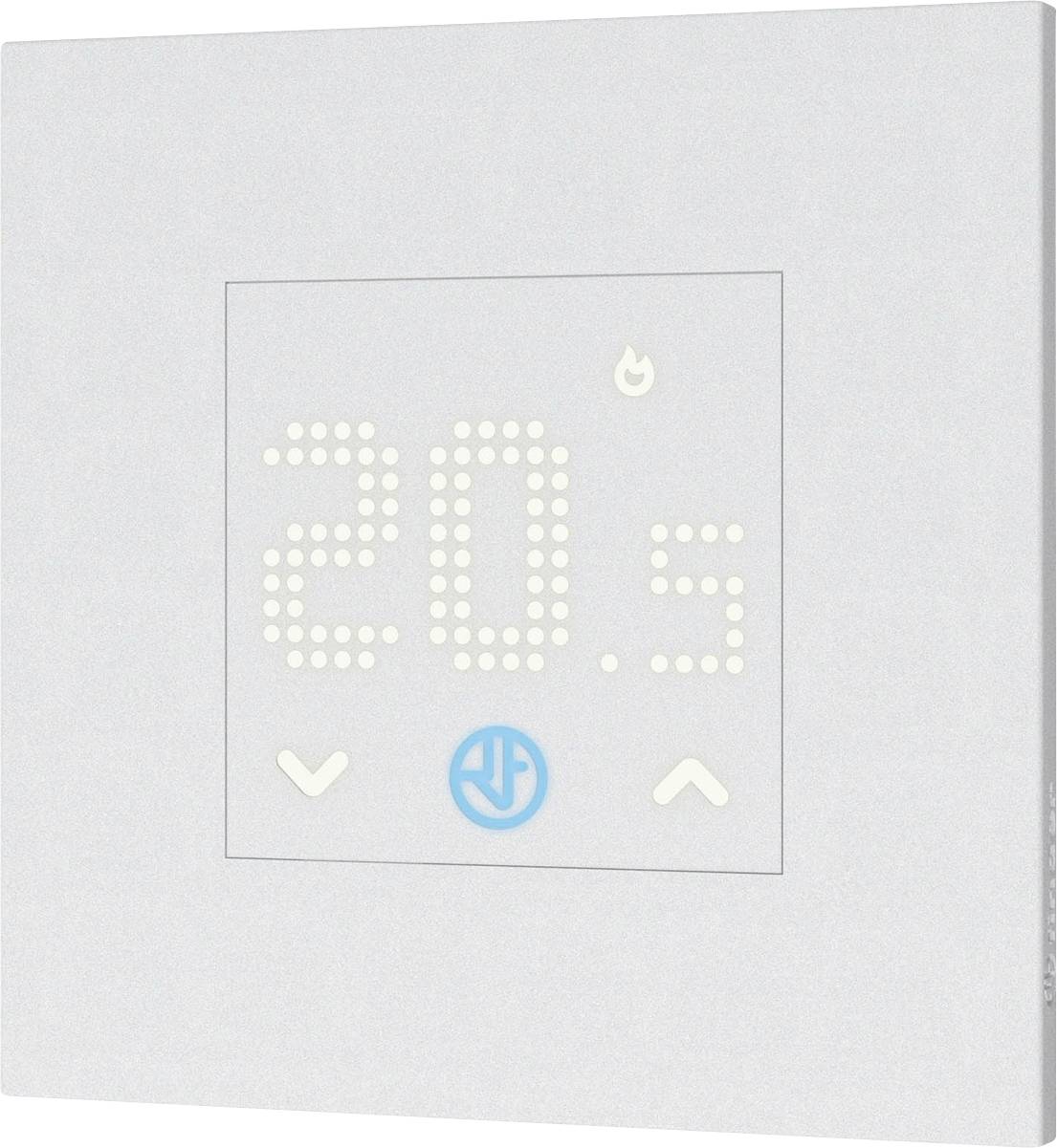 Digitális termosztát, kijelzőn a '20,5' érték. Hőmérséklet-szabályozó gombok alatta. A kijelzőn izzó lángszimbólum látható.