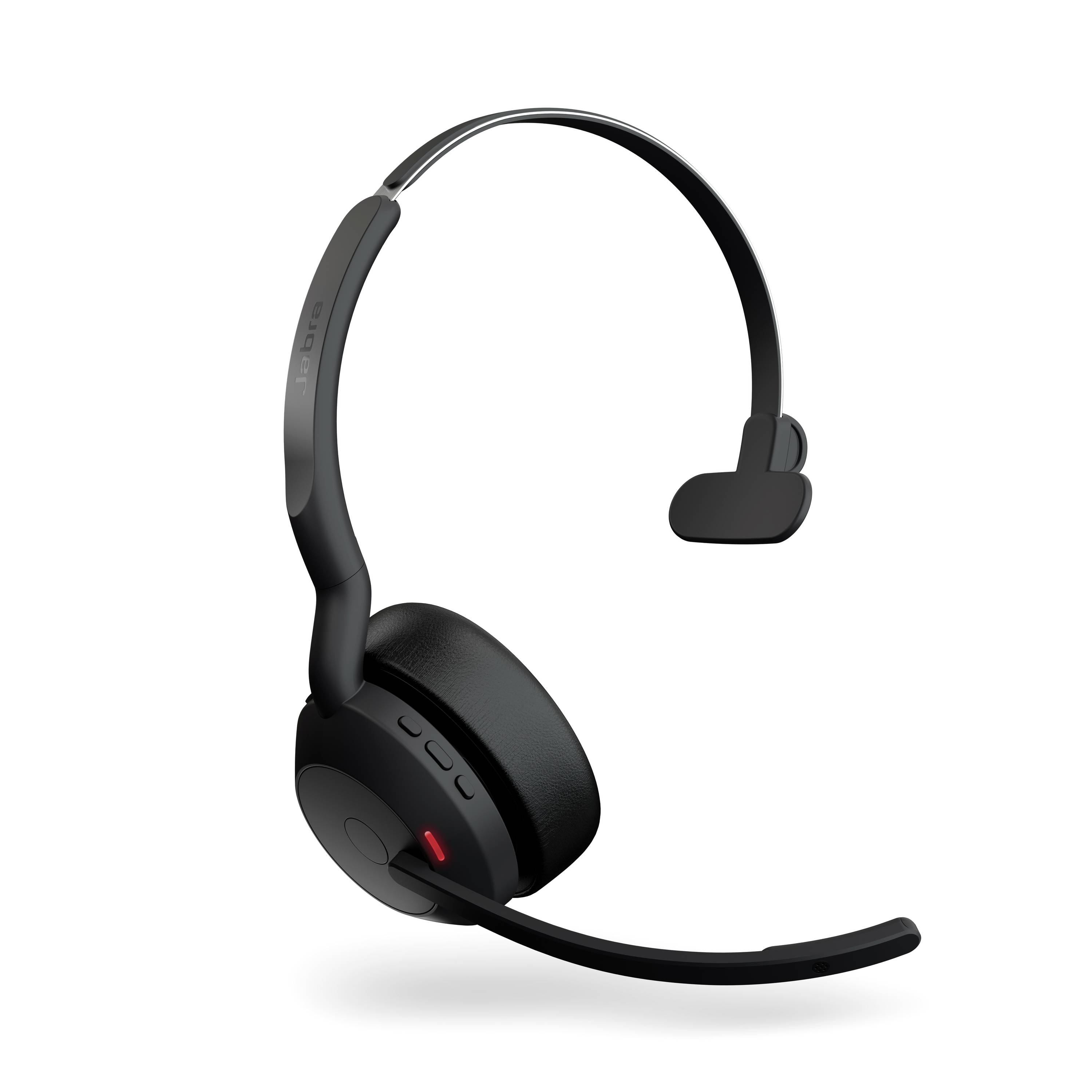 Fekete, vezeték nélküli headset mikrofonkarral és fülpárnával a bal oldalon, kommunikációhoz vagy zenehallgatáshoz alkalmas.