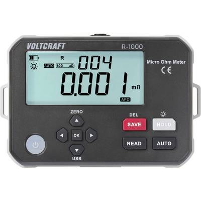 Micro Ohm méter kijelzője '004' és '0.001 mΩ' értékeket mutat. Gombok: Nulla, Törlés, Mentés, Rögzítés, Leolvasás, Automata, USB-port alul. Márka: Voltcraft.