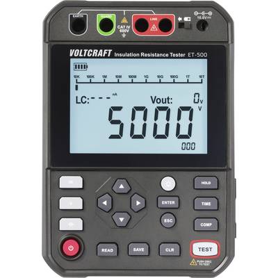 "Voltcraft Insulation Resistance Tester ET-500" megjelenít egy 5000-es leolvasást. Az eszközön alul különféle gombok és beállítások láthatók.