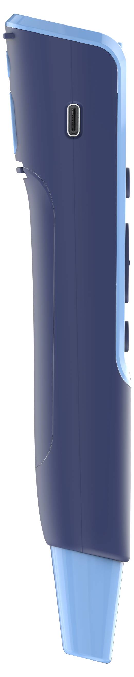 Oldalnézet egy sötétkék, kézben tartott eszközről, világoskék szegéllyel. Felül egy USB-csatlakozó látható.