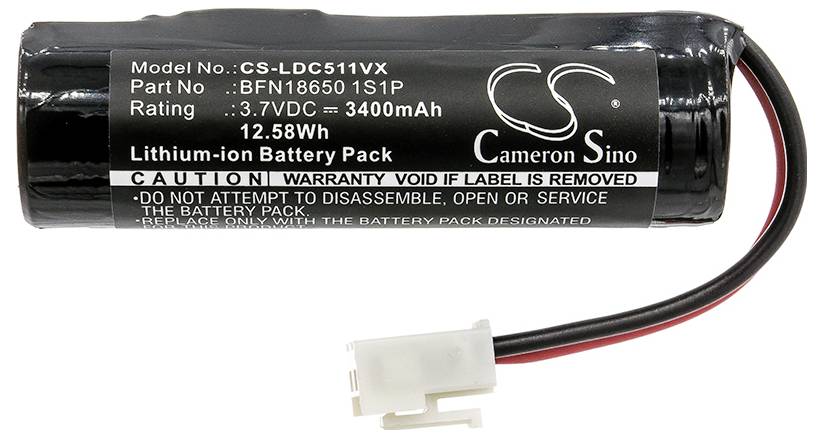 Lítium-ion akkumulátor, típusszám 'CS-LDC511VX'. Feszültség 3,7 V, kapacitás 3400 mAh. Szervizre és cserére vonatkozó figyelmeztető utasítások felnyomtatva.