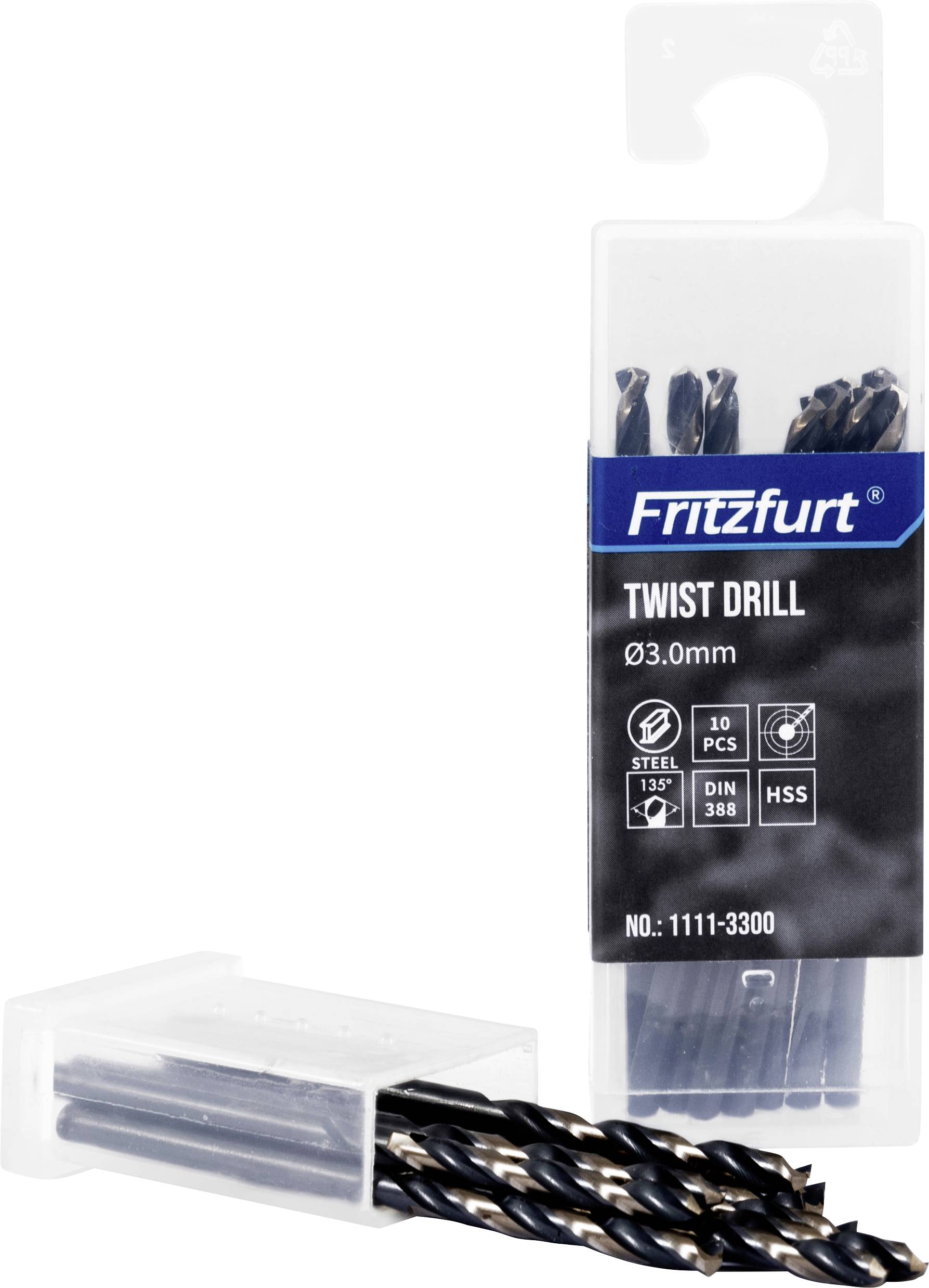 10 darabos, nagy sebességű acél csavarófúró készlet, 3,0 mm átmérővel, 135 fokos hegyszöggel, egy kinyitott dobozban elhelyezve, amely bemutatja a fúrókat.