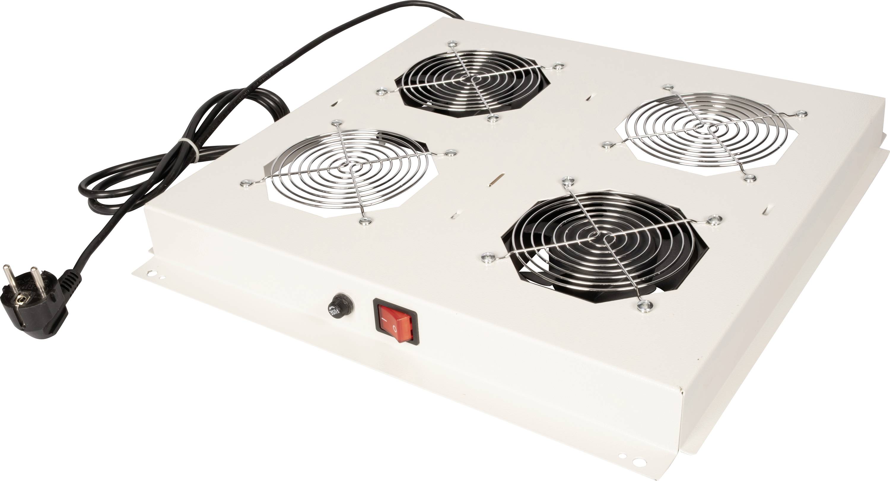 Egy fehér szellőztető ventilátor egység négy körkörös ventilátorral, tápkábellel és piros bekapcsoló gombbal, amelyet elektronikai berendezések hűtésére használnak.