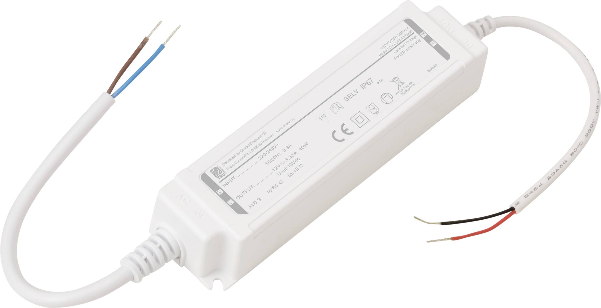 TRU COMPONENTS TC-YCL40-1203330 LED transzformátor Állandó feszültségű 40 W 3.33 A 12 V/DC 1 db