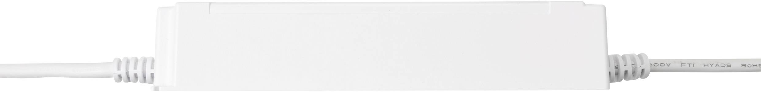 Egy sima, téglalap alakú fehér elektronikai eszköz, amelynek mindkét oldalán kábelek csatlakoznak.