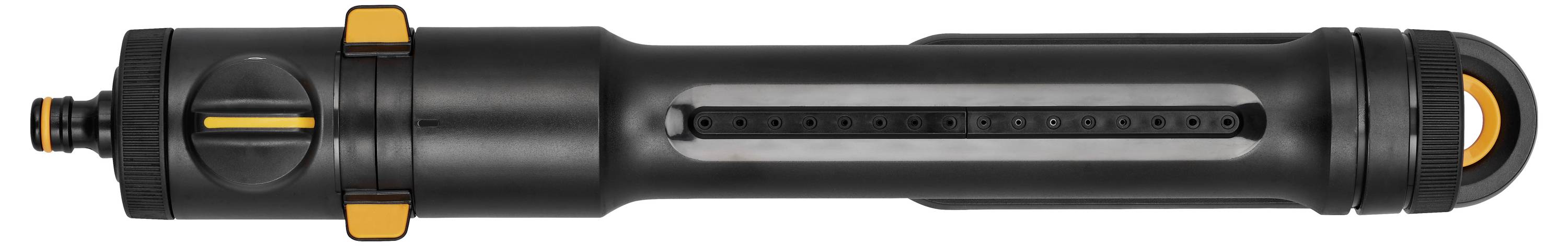 Egy fekete, hengeres vízsugaras szabályzó narancssárga kiemelésekkel és állítható forgógombbal. Eszköz a vízáramlás szabályozásához.