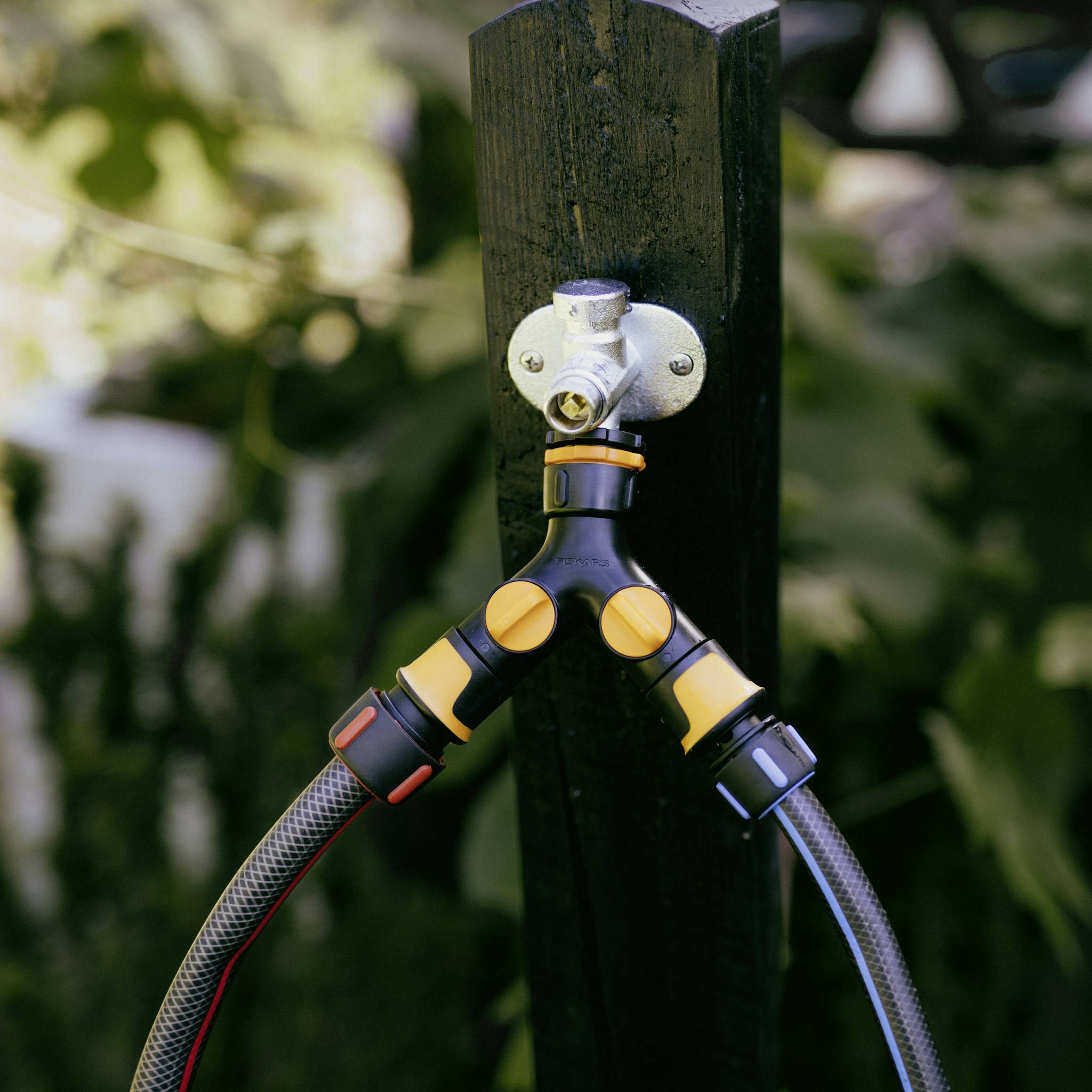 Egy vízcsap Y-elosztóval és két tömlővel egy fekete oszlopra van rögzítve, zöld növényzet övezi.