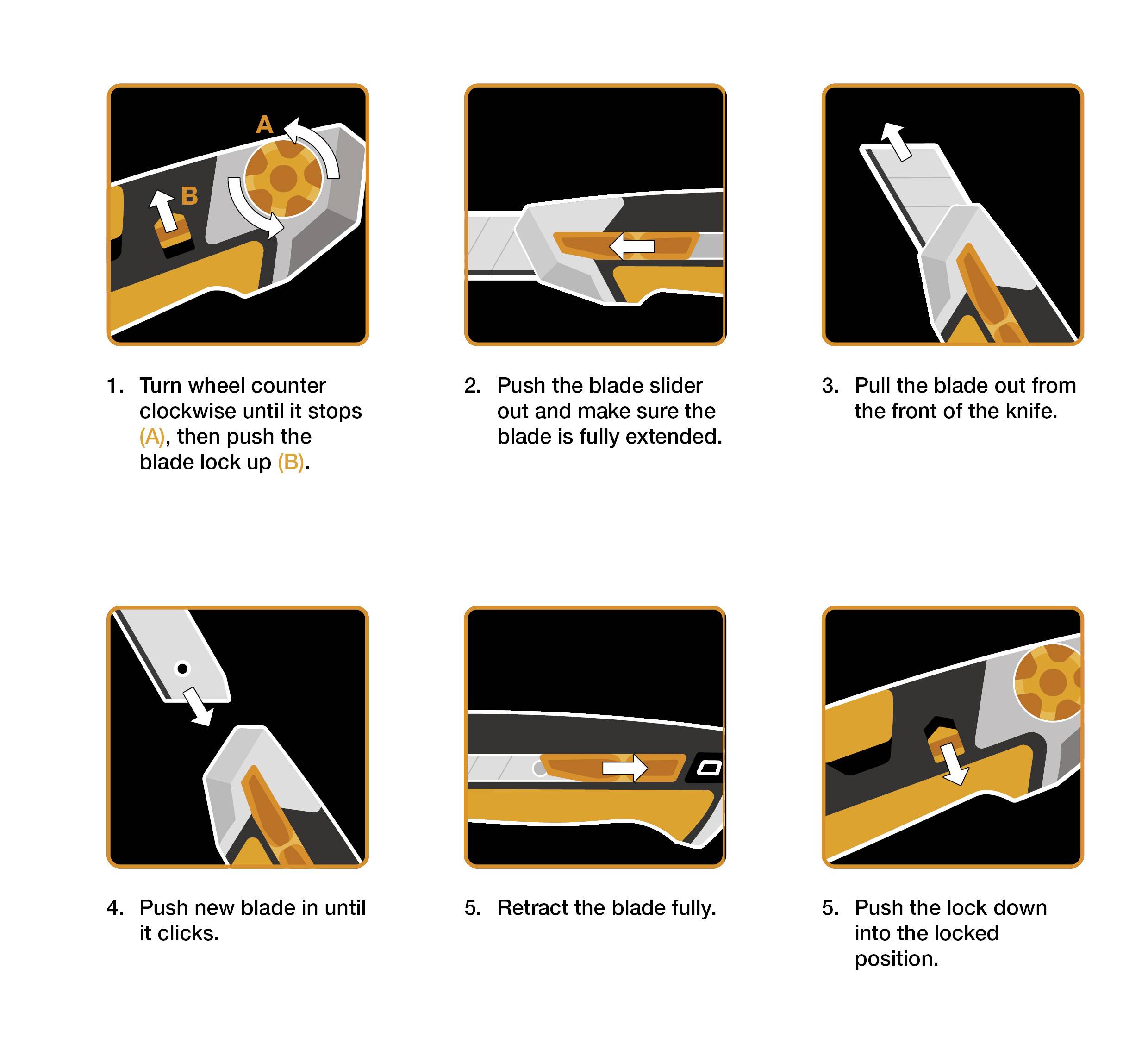 'Útmutató a penge cseréjéhez. 1. Forgassa a kereket az óramutató járásával ellentétes irányba. 2. Tolja a gombot, húzza ki a pengét. 3. Távolítsa el a régi pengét. 4. Pattintsa be az új pengét. 5. Húzza be a pengét. 6. Zárja le.'