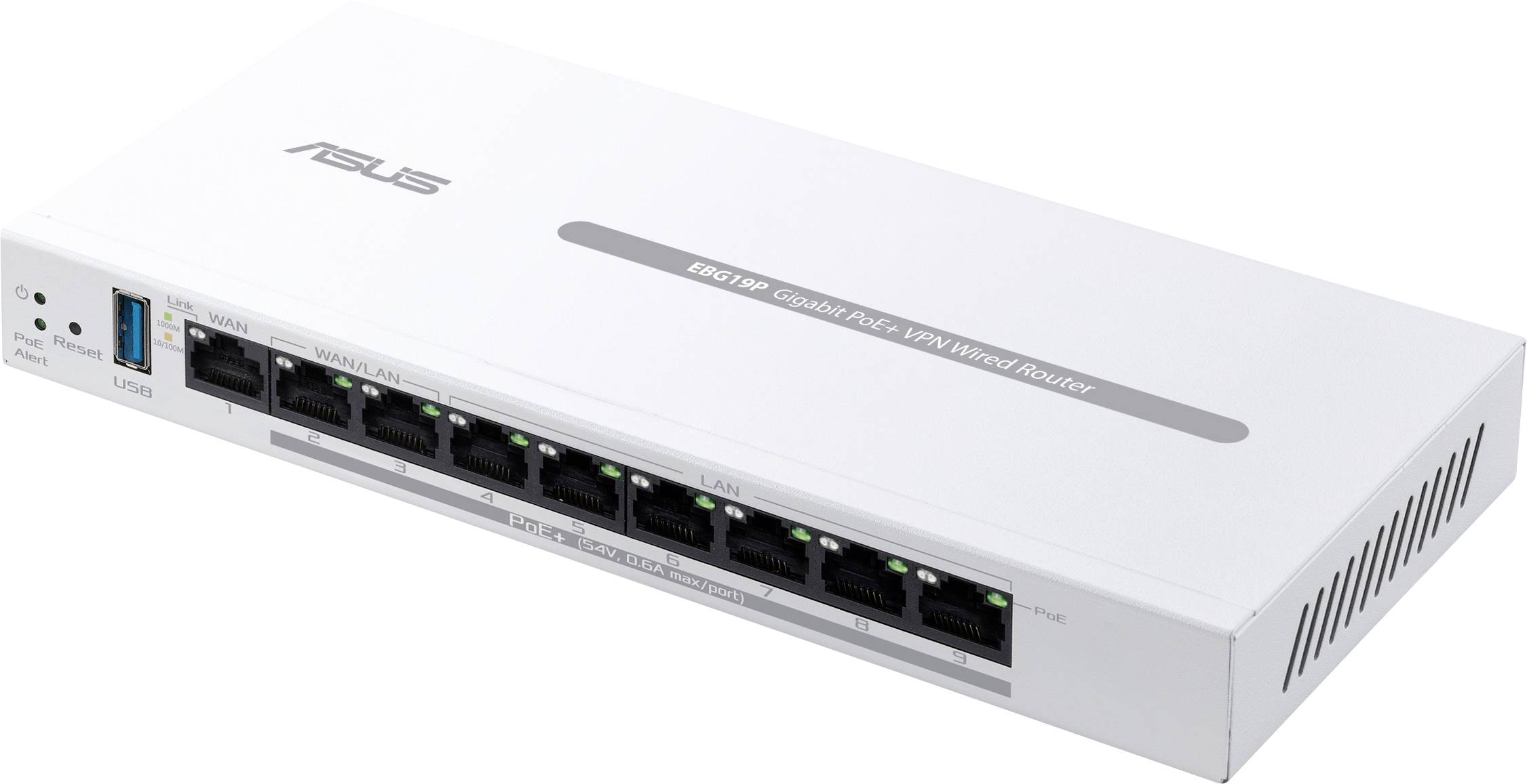 Egy fehér router több Ethernet-csatlakozóval és egy USB-porttal. Az 'Asus' márkajelzéssel és a csatlakozók feliratával ellátva.