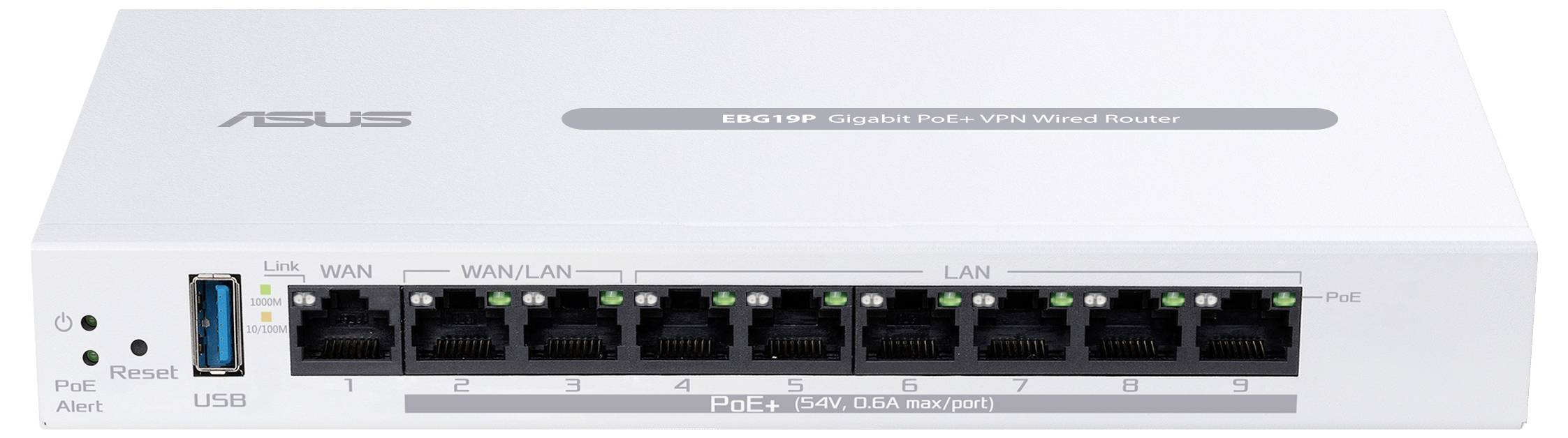 Asus Gigabit PoE+ VPN Vezetékes Router nyolc LAN-porttal, WAN-porttal, USB-csatlakozóval és visszaállító gombbal, hálózati beállításokhoz alkalmas.