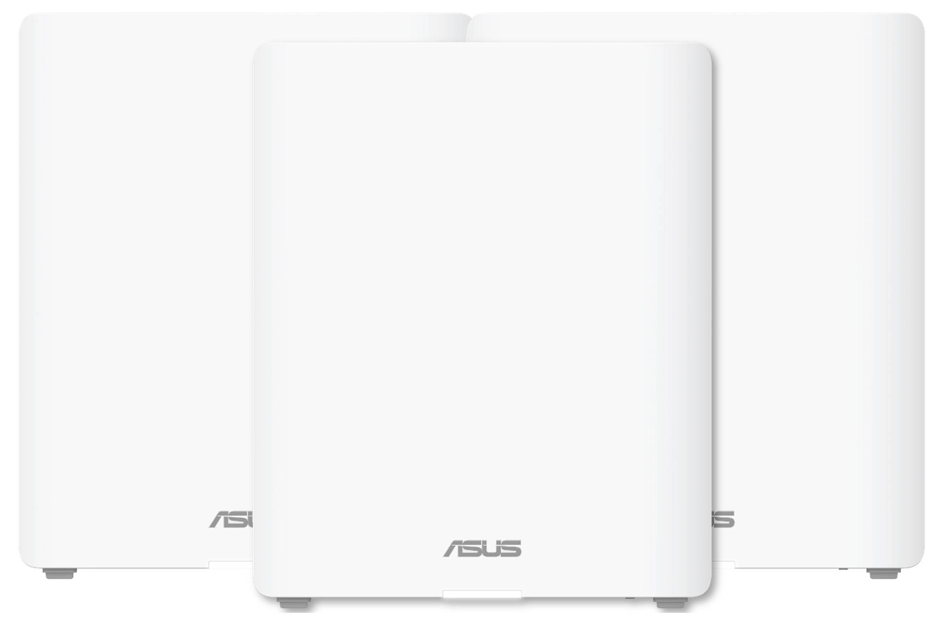 Három fehér ASUS WiFi router egymás mellett, modern dizájnnal, alkalmas otthoni hálózat bővítésére.